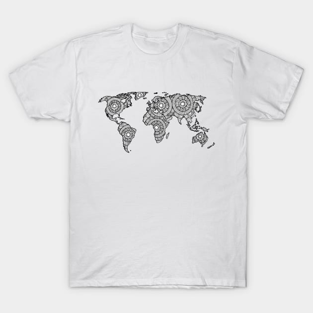 Black and White Mandala World Map T-Shirt by julieerindesigns